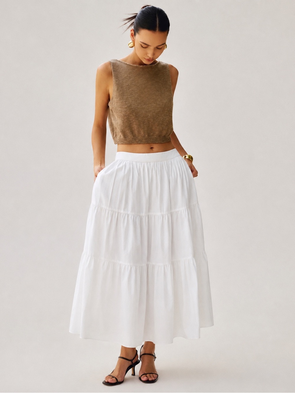 Commense White Tencel Blend Tiered Maxi Skirt & Cotton Blend Crop Tank